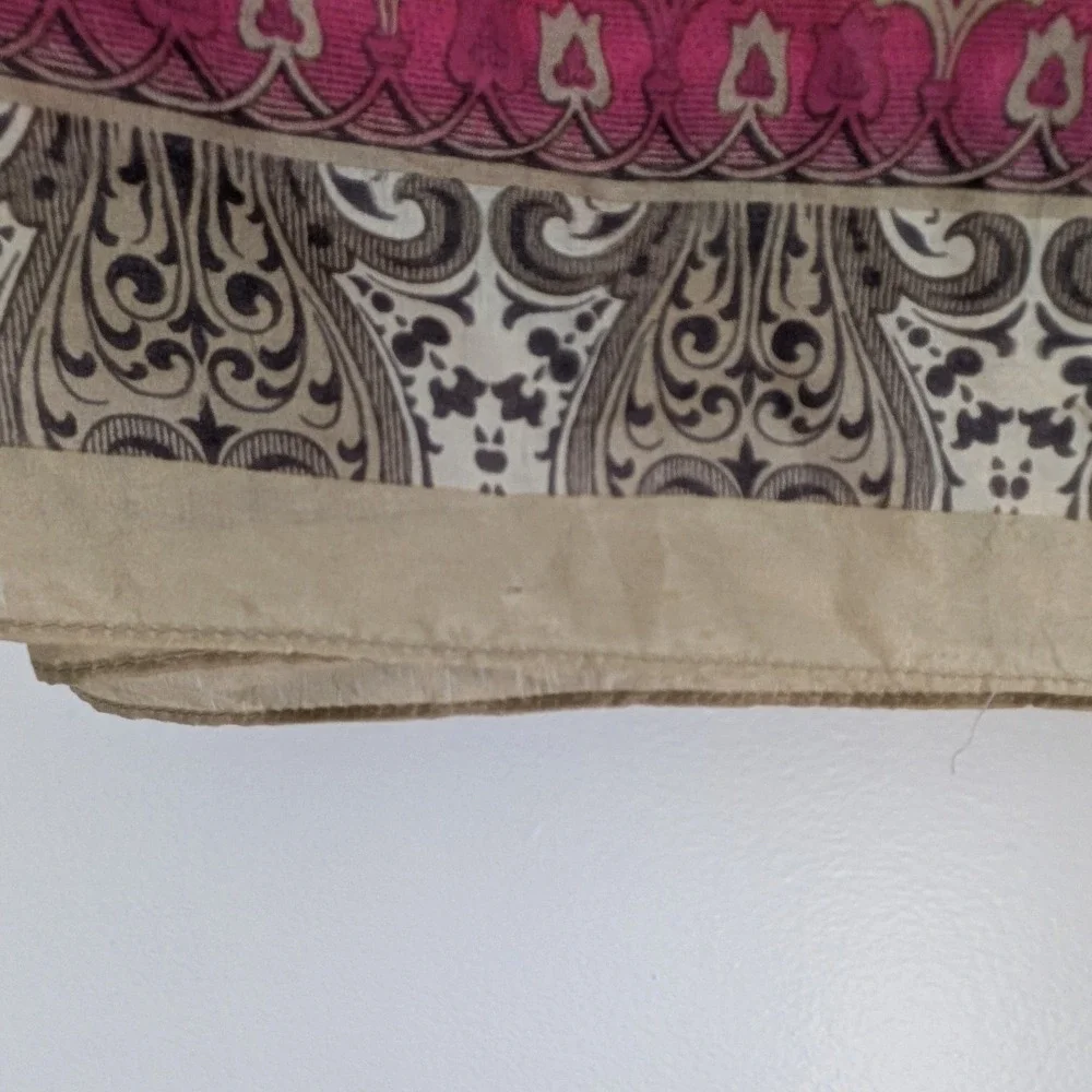 Johnny Was Silk Floral Paisley Scarf Beige Pink Tassel Fringe Boho 42x42 Square